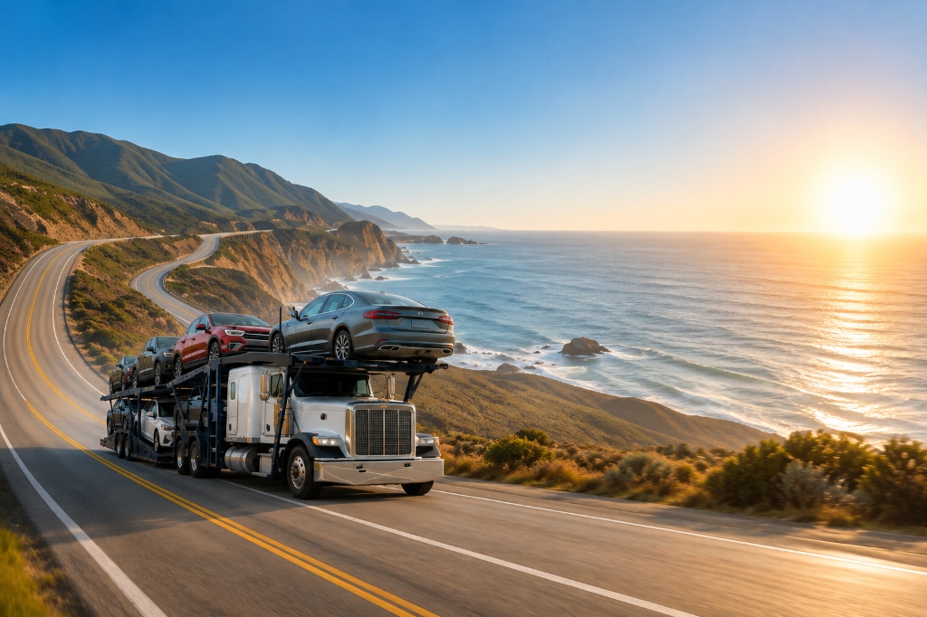 America Car Transport Carrier Truck Driving Along Scenic Coast Highway at Sunset